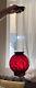 ANTIQUE VICTORIAN HANGING HALL OIL LAMP RED Coin Dot SHADE GLASS No Lamp