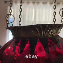 ANTIQUE VICTORIAN HANGING HALL OIL LAMP RED Coin Dot SHADE GLASS No Lamp