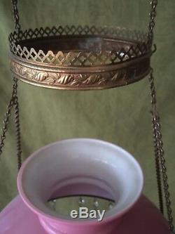 ANTIQUE VICTORIAN HANGING OIL/KEROSENE LAMP with PINK CASED SHADE & GLASS FONT