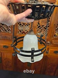 ANTIQUE VICTORIAN HANGING OIL LAMP CAST IRON PULLEY SYSTEM WithMILK GLASS BELL