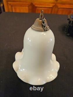 ANTIQUE VICTORIAN HANGING OIL LAMP CAST IRON PULLEY SYSTEM WithMILK GLASS BELL