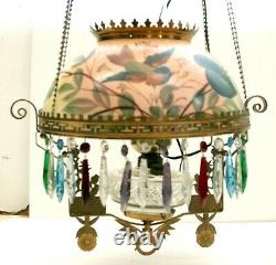 ANTIQUE VICTORIAN HANGING OIL LAMP With HAND PAINTED SHADE WITH BIRD