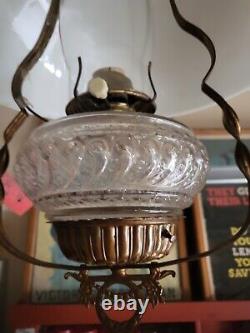 ANTIQUE VICTORIAN HANGING PARLOR OIL LAMP Milkglass Clear Font Electric Conv
