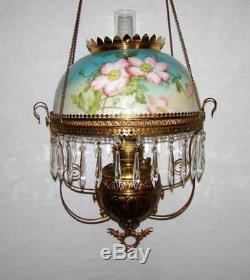 ANTIQUE VICTORIAN HANGING PARLOR OIL LAMP w HP FLORAL DECOR, MATCHING FRAME