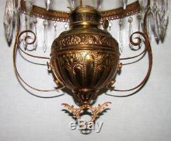ANTIQUE VICTORIAN HANGING PARLOR OIL LAMP w HP FLORAL DECOR, MATCHING FRAME