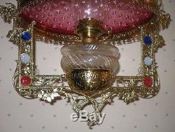 ANTIQUE VICTORIAN JEWELED HANGING OIL LAMP Cranberry Hobnail w 40 crystals