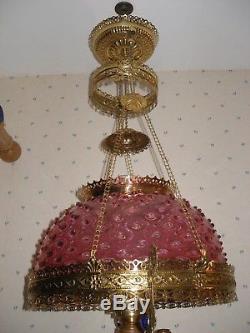 ANTIQUE VICTORIAN JEWELED HANGING OIL LAMP Cranberry Hobnail w 40 crystals