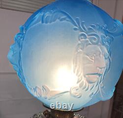 ANTIQUE VICTORIAN OIL KEROSENE GLASS Blue SATIN LION BANQUET WHIMSICAL LAMP