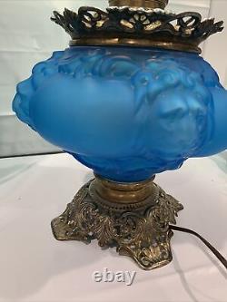 ANTIQUE VICTORIAN OIL KEROSENE GLASS Blue SATIN LION BANQUET WHIMSICAL LAMP