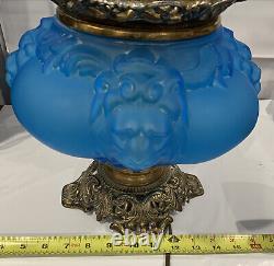 ANTIQUE VICTORIAN OIL KEROSENE GLASS Blue SATIN LION BANQUET WHIMSICAL LAMP