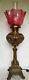 ANTIQUE VICTORIAN ROCHESTER ABCO KERO OIL PARLOR BRONZE LAMP with CRANBERRY SHADE