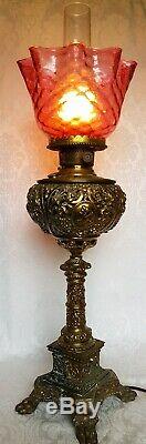 ANTIQUE VICTORIAN ROCHESTER ABCO KERO OIL PARLOR BRONZE LAMP with CRANBERRY SHADE