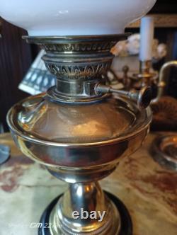 ANTIQUE VINTAGE VERITAS LAMPWORKS BRASS & CERAMIC OIL LAMP with GLASS LAMPSHADE