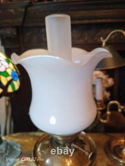 ANTIQUE VINTAGE VERITAS LAMPWORKS BRASS & CERAMIC OIL LAMP with GLASS LAMPSHADE