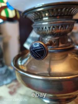 ANTIQUE VINTAGE VERITAS LAMPWORKS BRASS & CERAMIC OIL LAMP with GLASS LAMPSHADE
