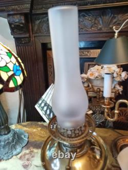 ANTIQUE VINTAGE VERITAS LAMPWORKS BRASS & CERAMIC OIL LAMP with GLASS LAMPSHADE