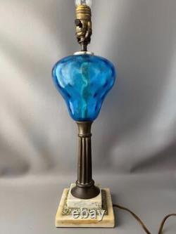 ANTIQUE VTG VICTORIAN AMERICAN BOSTON SANDWICH BLUE OPTIC GLASS Oil TABLE LAMP
