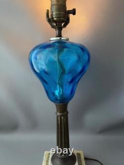ANTIQUE VTG VICTORIAN AMERICAN BOSTON SANDWICH BLUE OPTIC GLASS Oil TABLE LAMP