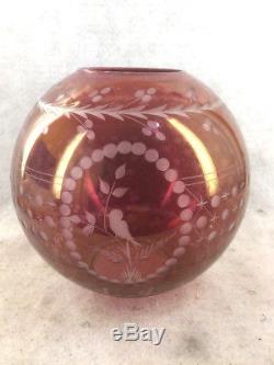 ANTIQUE Victorian Red Cut to Clear Glass Ball Shade for Oil Lamp