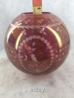 ANTIQUE Victorian Red Cut to Clear Glass Ball Shade for Oil Lamp