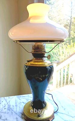 ANTIQUE Victorian Success Electrified Kerosene Lamp Brass Base GWTW Hand Painted