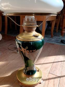 ANTIQUE Victorian Success Electrified Kerosene Lamp Brass Base GWTW Hand Painted