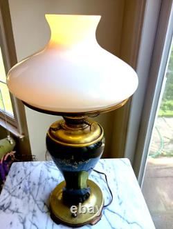 ANTIQUE Victorian Success Electrified Kerosene Lamp Brass Base GWTW Hand Painted