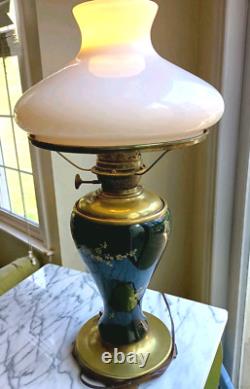 ANTIQUE Victorian Success Electrified Kerosene Lamp Brass Base GWTW Hand Painted