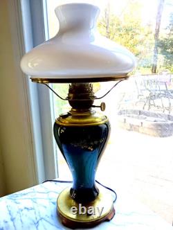 ANTIQUE Victorian Success Electrified Kerosene Lamp Brass Base GWTW Hand Painted