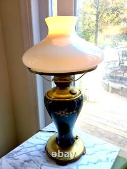ANTIQUE Victorian Success Electrified Kerosene Lamp Brass Base GWTW Hand Painted