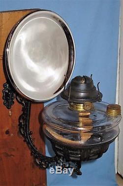 ANTIQUE WALL BRACKET OIL LAMP BACKPLATE HOLDER FONT withFILLER CAP REFLECTOR 1880s