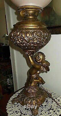 ANT. SUCCESS CHERUB PUTTI BANQUET OIL LAMP WithORIGINAL PUTTI BALL SHADECONVERTED