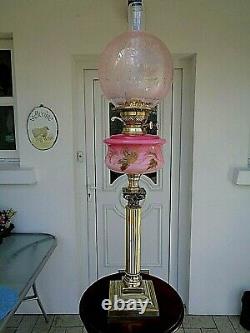 A Beautiful 28 Tall Victorian Floral Rose Pink Glass Twin Duplex Oil Lamp