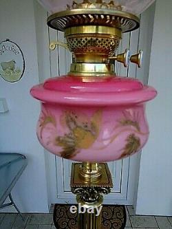 A Beautiful 28 Tall Victorian Floral Rose Pink Glass Twin Duplex Oil Lamp