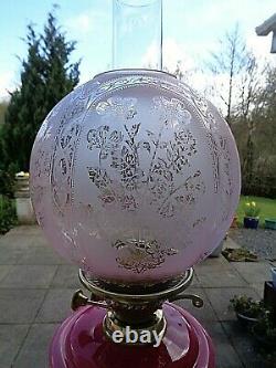 A Beautiful 28 Tall Victorian Floral Rose Pink Glass Twin Duplex Oil Lamp