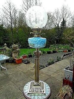 A Beautiful Blue Glass 31 Tall Victorian Period Twin Duplex Oil Lamp