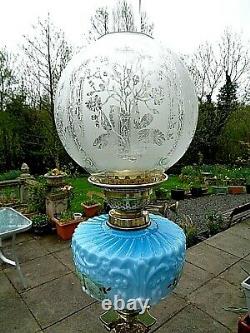 A Beautiful Blue Glass 31 Tall Victorian Period Twin Duplex Oil Lamp
