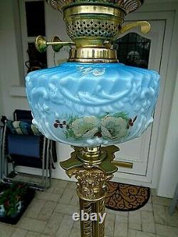 A Beautiful Blue Glass 31 Tall Victorian Period Twin Duplex Oil Lamp