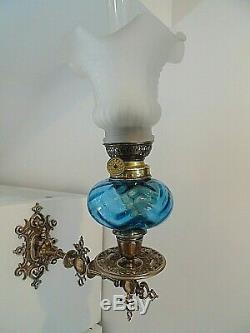 A Fine Quality Pair Of Blue Victorian Art Nouveau Sconce Oil Lamps