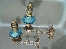 A Fine Quality Pair Of Blue Victorian Art Nouveau Sconce Oil Lamps