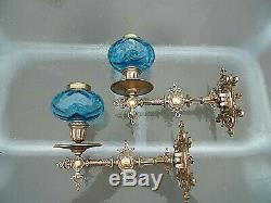 A Fine Quality Pair Of Blue Victorian Art Nouveau Sconce Oil Lamps