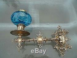 A Fine Quality Pair Of Blue Victorian Art Nouveau Sconce Oil Lamps