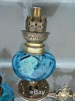 A Fine Quality Pair Of Blue Victorian Art Nouveau Sconce Oil Lamps