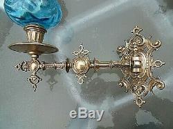 A Fine Quality Pair Of Blue Victorian Art Nouveau Sconce Oil Lamps