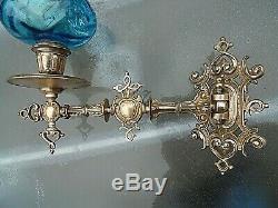 A Fine Quality Pair Of Blue Victorian Art Nouveau Sconce Oil Lamps