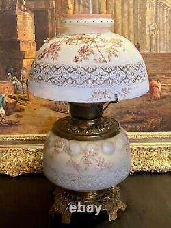 A Lovely Victorian Style Mt. Washington Glass Floral GWTW Hurricane Oil Lamp