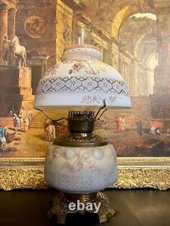 A Lovely Victorian Style Mt. Washington Glass Floral GWTW Hurricane Oil Lamp