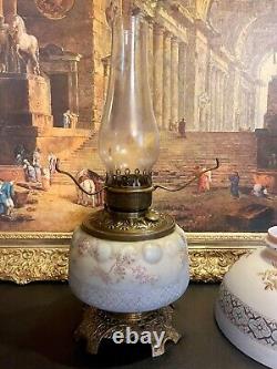 A Lovely Victorian Style Mt. Washington Glass Floral GWTW Hurricane Oil Lamp