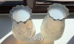 A Rare Pair Of Opaline Embossed Antique Oil Lamp Shades