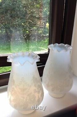 A Rare Pair Of Opaline Embossed Antique Oil Lamp Shades